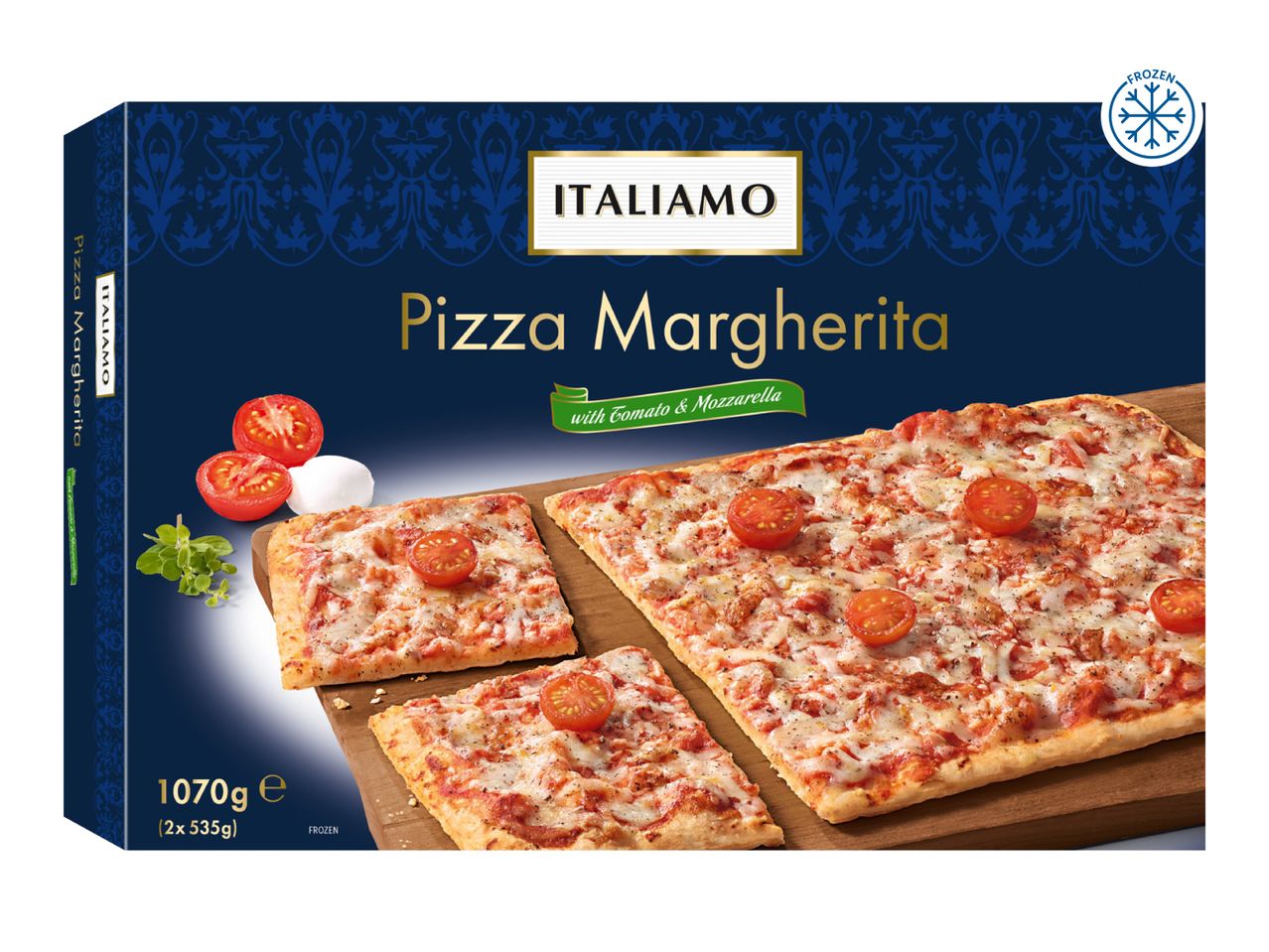 Frozen pizza Margherita with tomato and mozzarella, 1070g (2x 535g) in a blue box.
