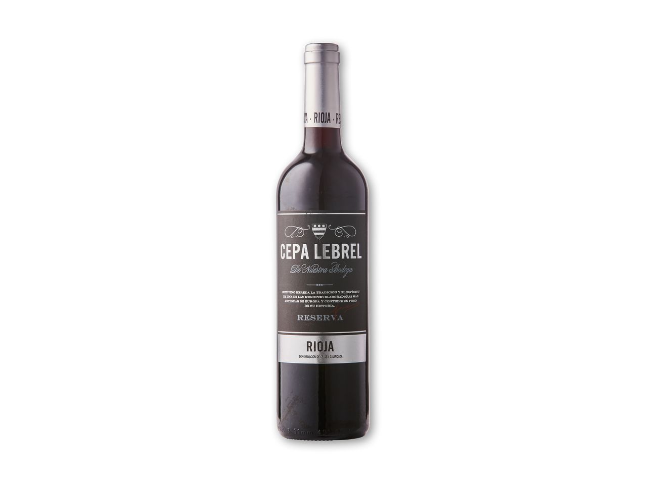 En flaske Cepa Lebrel Rioja Reserva vin.