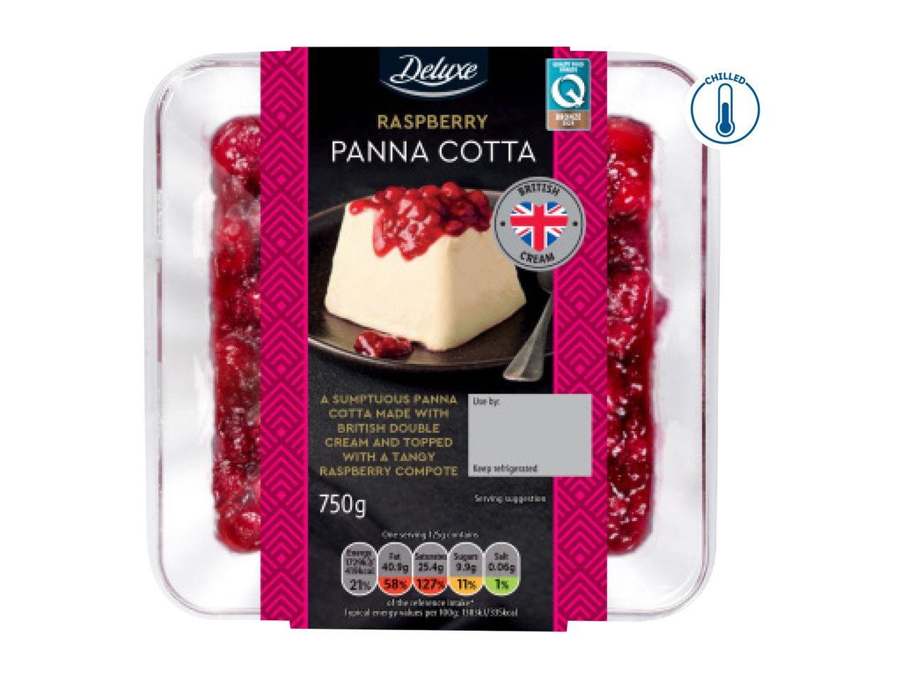 Deluxe Raspberry Panna Cotta with British cream, 750g, chilled.