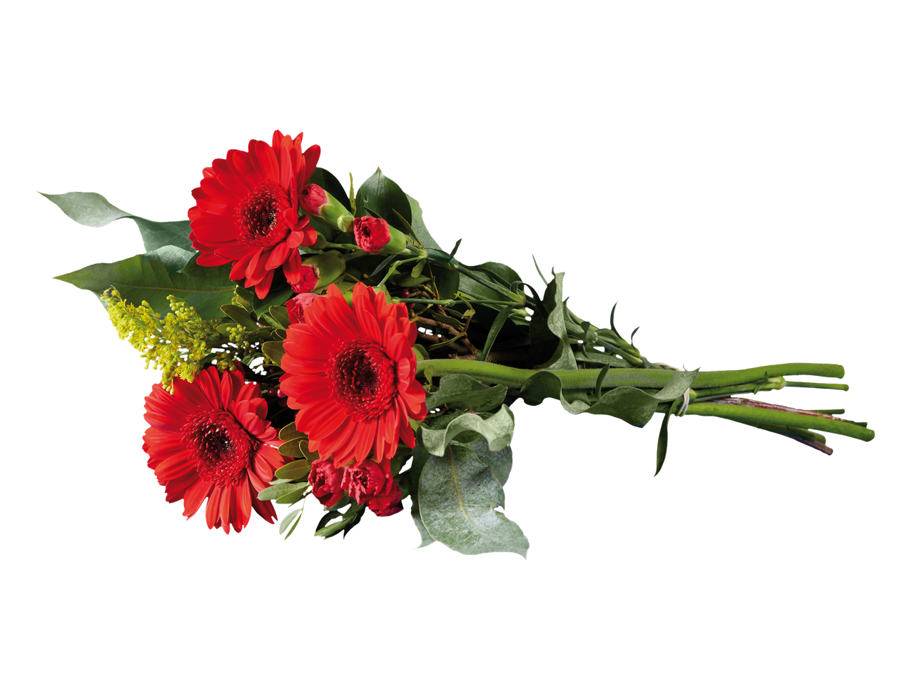 Boeket met rode gerbera's en anjers.