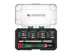 A Parkside screwdriver set with various bits and a handle in a green and black case.