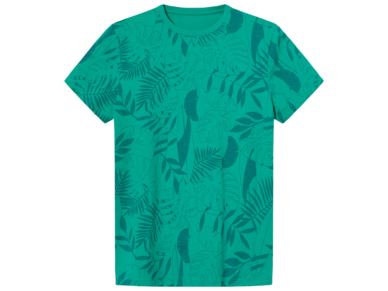 T-shirt vert à motifs de feuilles tropicales et de planches de surf.