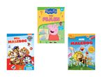 Tre børnebøger: Gurli Gris 'Find Fejlen', Paw Patrol 'Min Malebog' og Bien Maja 'Min Malebog'.