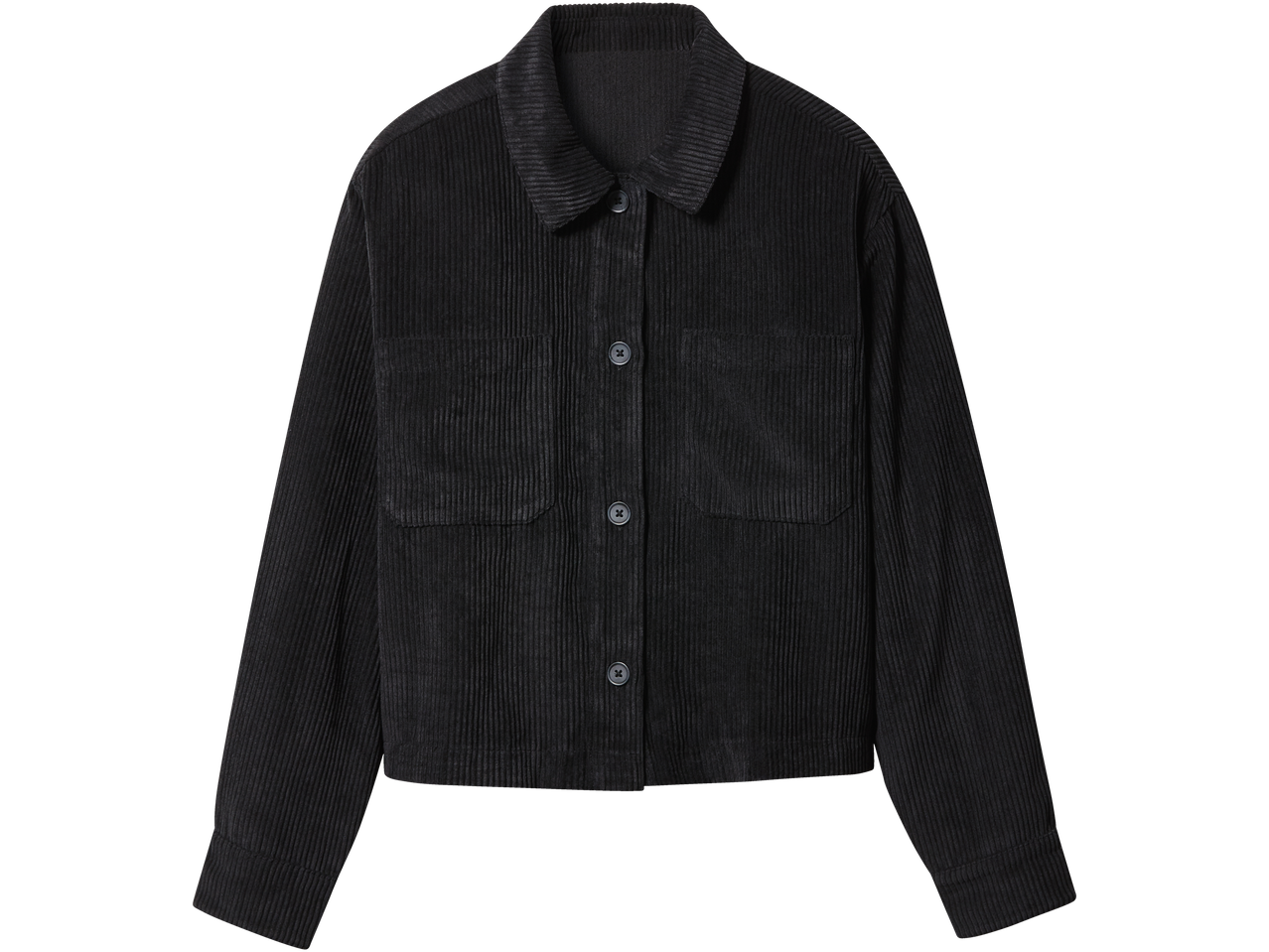 Black corduroy jacket with buttons and two chest pockets