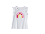 White short-sleeved top with ruffled shoulders and a pink, red, and yellow rainbow graphic.