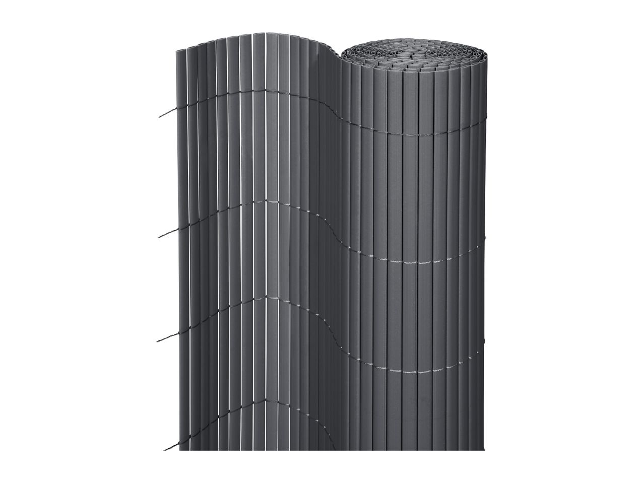 Grey privacy screen fence, partially unrolled, showing vertical slats and connecting wires.