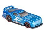 A blue Hot Wheels Dodge Viper GTSR toy car with a rear spoiler.
