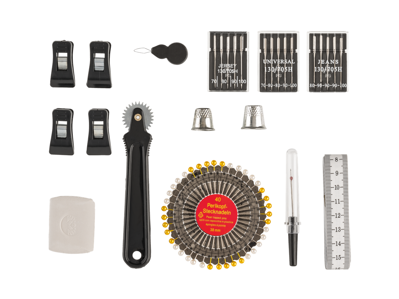Crelando® siuvimo reikmenys: adatos, antpirščiai, smeigtukai, kreida, žymėjimo ratukas ir kt.