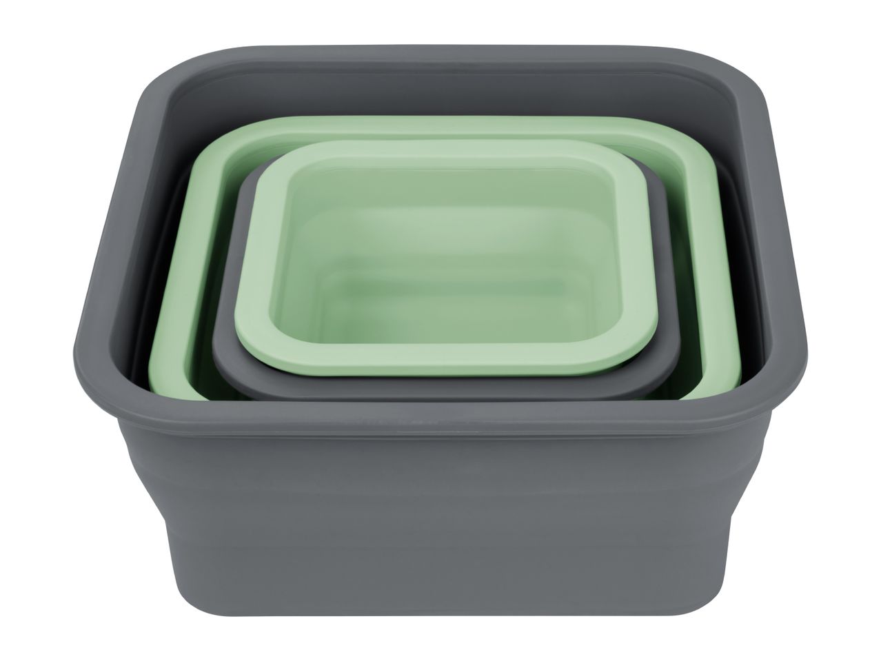 Three nested square silicone containers in gray and light green
