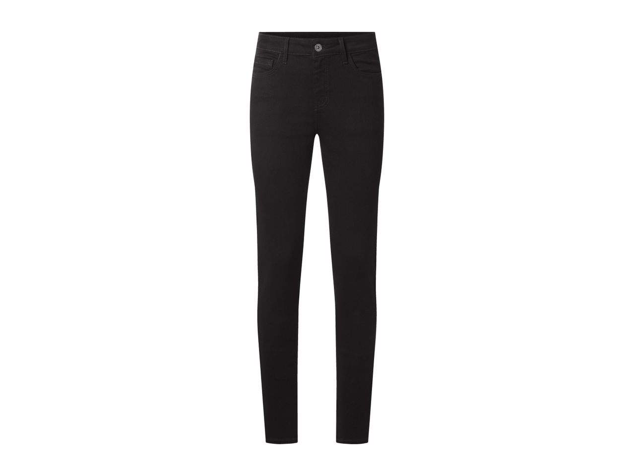 Black skinny jeans for women, featuring a button and zipper closure, and front and back pockets.