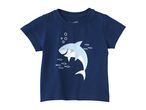Navy blue short-sleeved baby t-shirt with a light blue and white shark and fish print.
