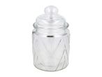 A clear glass jar with a lid, featuring a textured, V-shaped pattern.