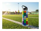 Water bottle with colorful design and FIFA World Cup trophy on a soccer field.