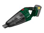 Cordless handheld vacuum cleaner with a transparent dust container and a red power button.