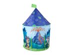 Blue play tent with a conical roof, green flag, and cartoon dog characters in a jungle scene.