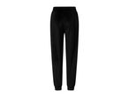 Black velvet sweatpants with an elastic waistband and cuffed ankles.
