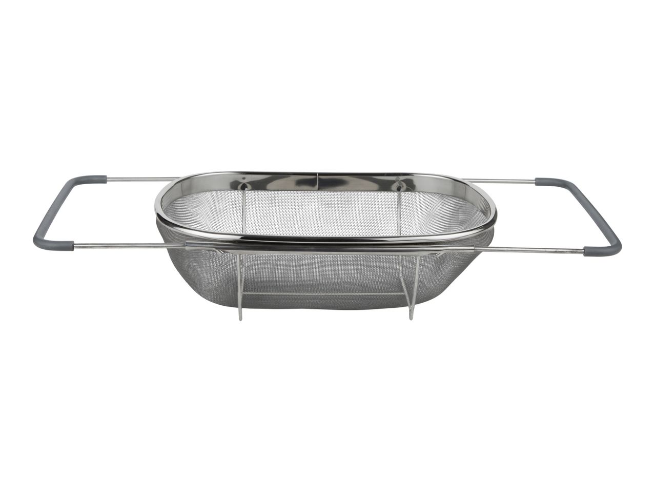 Stainless steel dish drainer with handles.