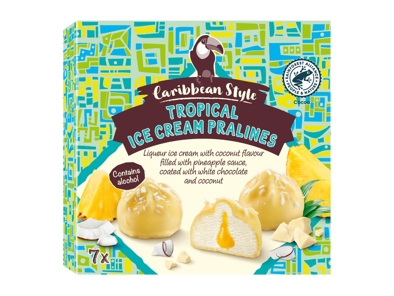 Tropical ice cream pralines with coconut, pineapple, and white chocolate, containing alcohol.