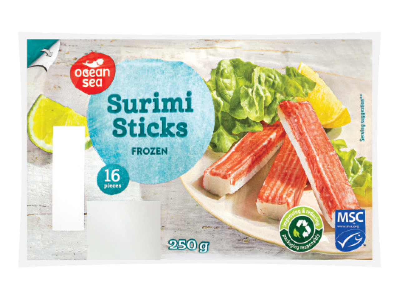 Ocean Sea saldētas surimi nūjiņas, 16 gabali, 250g, ar salātiem un citronu