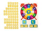 A wooden clock puzzle with number tiles and digital time displays.