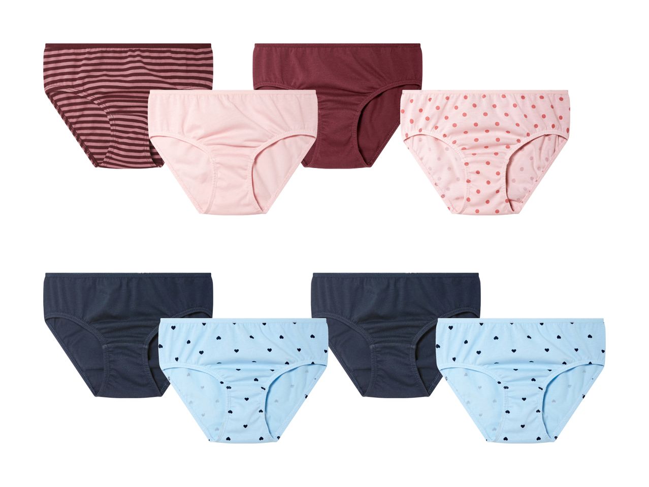 Acht Damen-Slips in verschiedenen Farben und dezenten Mustern.