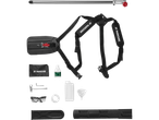 Parkside hedge trimmer with accessories including harness, safety glasses, and tools.
