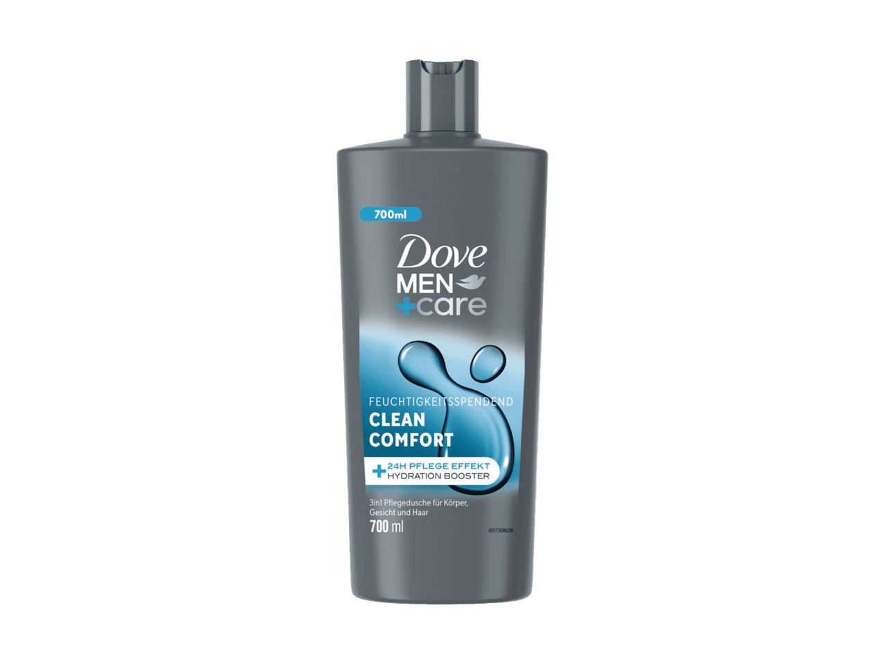 Graue Flasche Dove Men+Care Clean Comfort Duschgel, 700 ml.