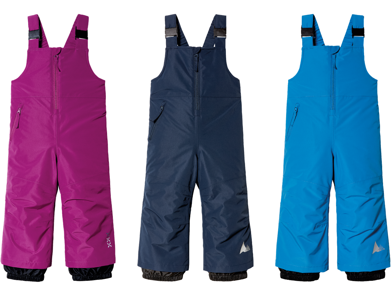 Tre par barnoveraller i lila, mörkblått och ljusblått.