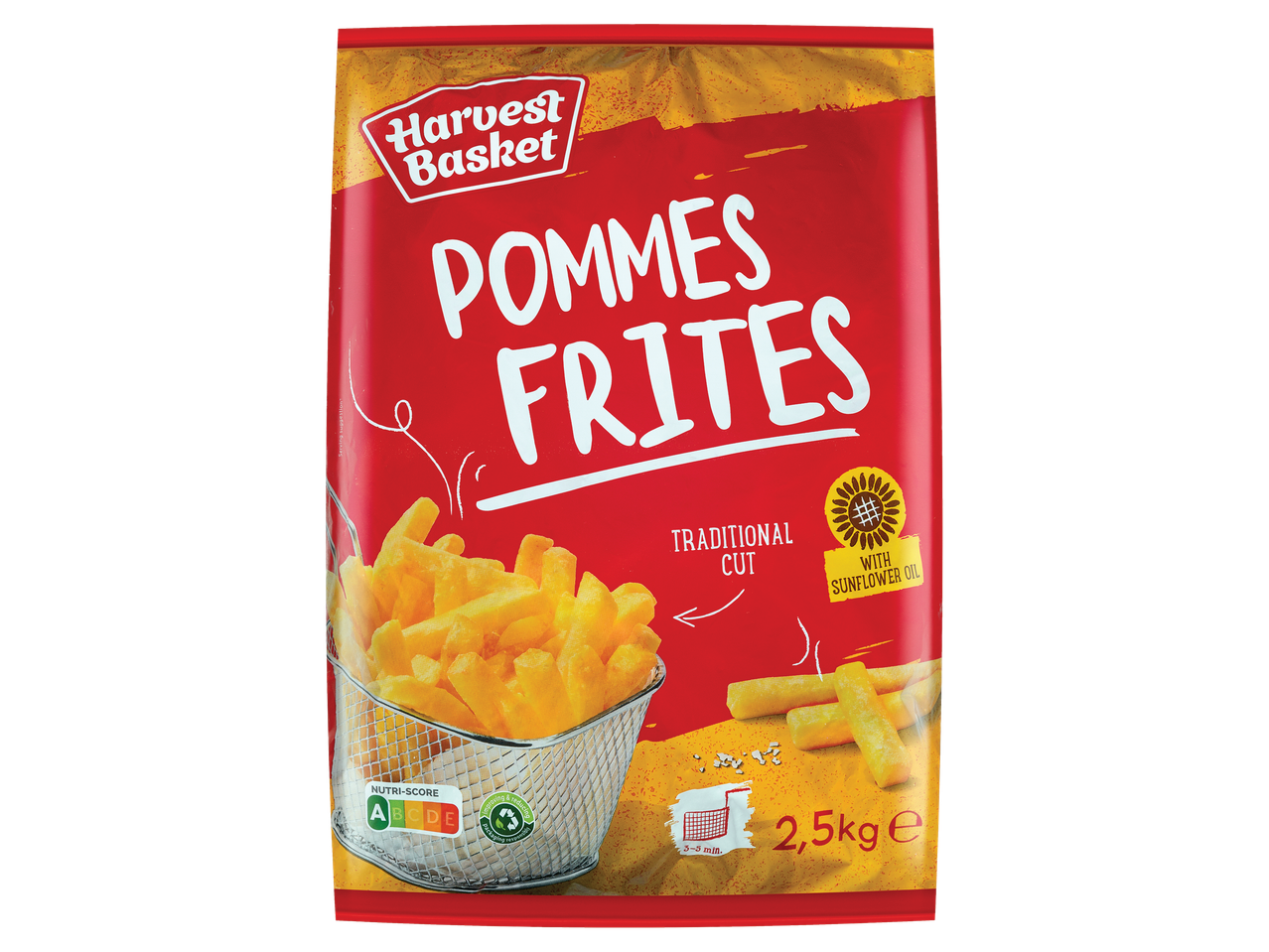 Sültkrumpli csomagolás, rajta „Pommes Frites” felirattal, hagyományos vágással és napraforgóolajjal.