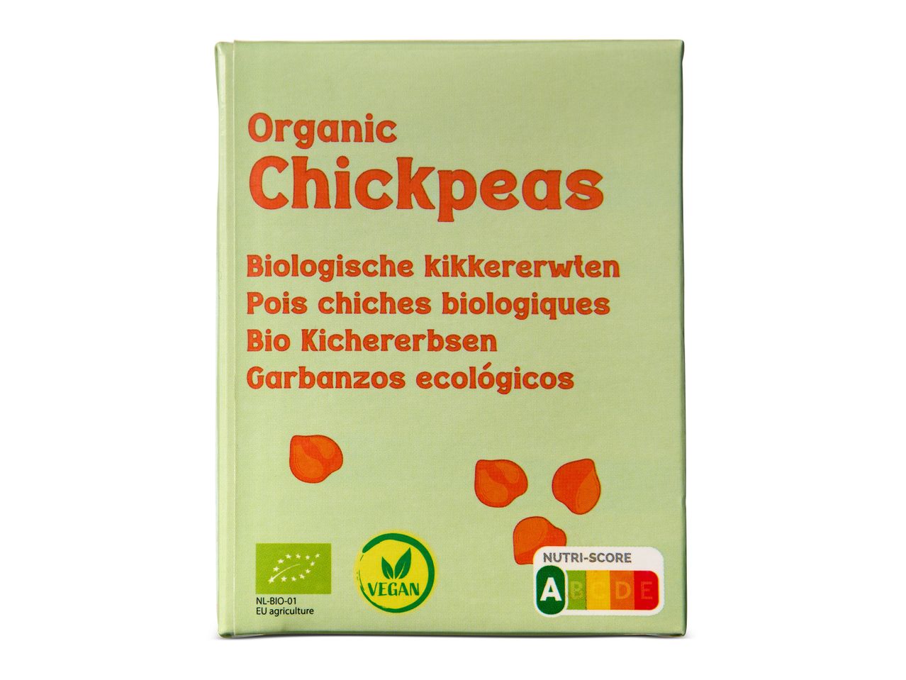 Verpakking biologische kikkererwten met Nutri-Score A en veganistisch label.