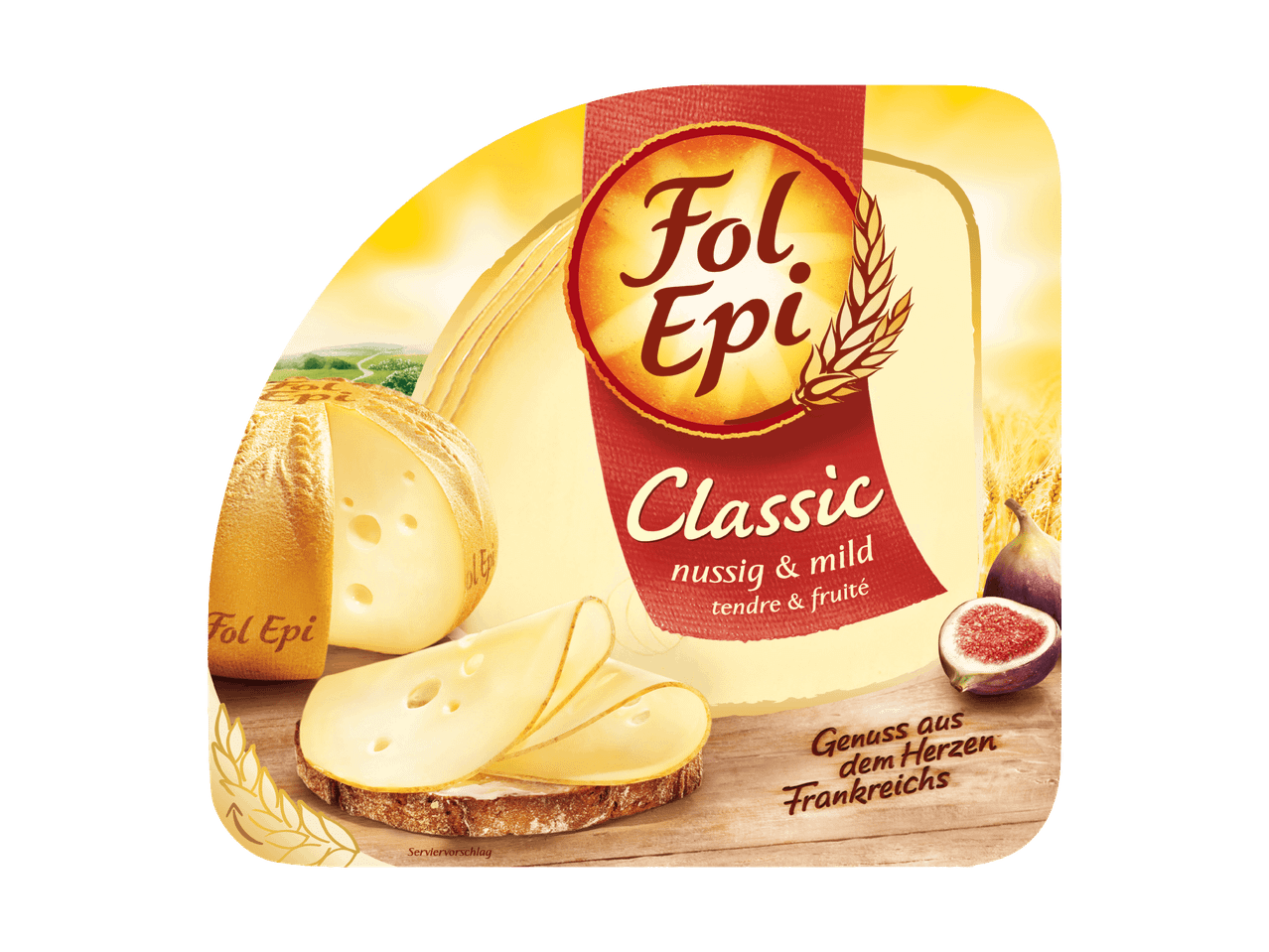 Fol Epi Classic Käse mit Feigen und Brot auf einem Holzbrett.