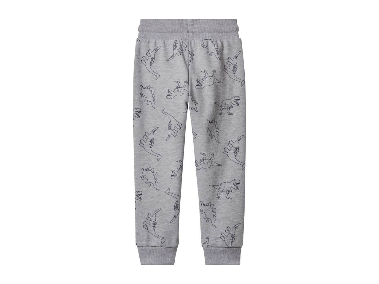 Grey children's sweatpants with a black dinosaur print, elasticated waist, and ribbed cuffs.