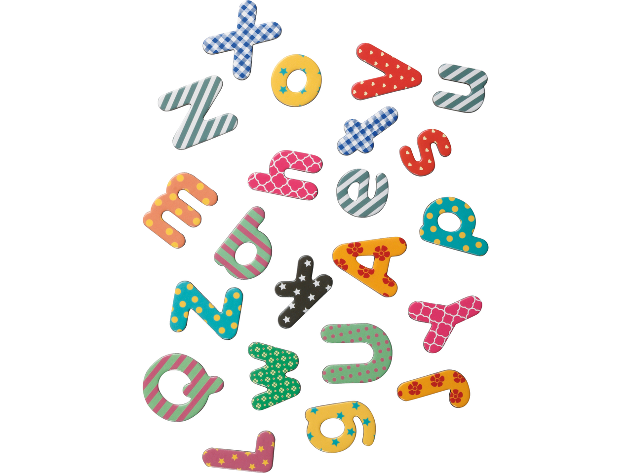 Ímãs de letras com designs coloridos.