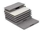 Folded grey fabric pet stairs with a white fleece step cover
