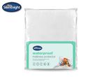 Waterproof mattress protector in clear packaging, featuring a sleeping hippo character and product benefits.