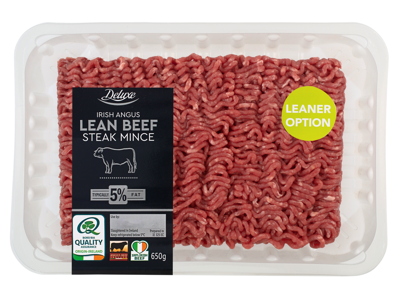 Deluxe Irish Angus Lean Beef Steak Mince, 650g, with 5% fat and a 'Leaner Option' label