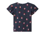 Dark blue short-sleeved top with an all-over strawberry print on the back.