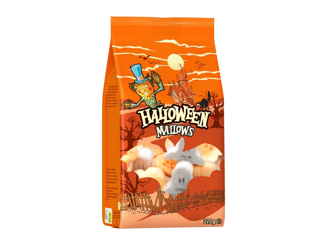 A 275g bag of Halloween Mallows featuring spooky shapes and festive illustrations.