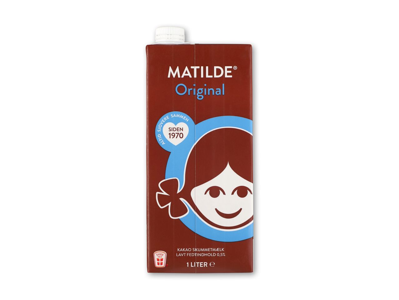 Brun kakaomælkekarton med en tegneseriefigur og teksten 'Original siden 1970'.