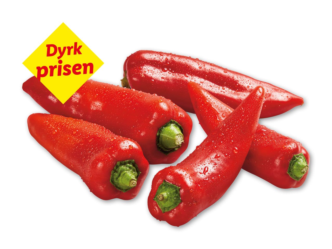 Røde peberfrugter med vanddråber og et gult skilt med teksten 'Dyrk prisen'.