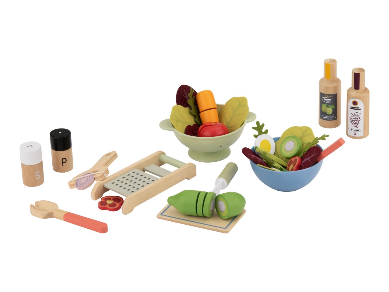 Wooden toy salad set with bowls, vegetables, grater, salt and pepper shakers, and oil bottles.