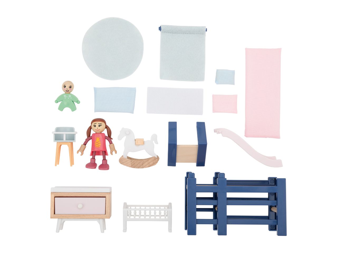 A collection of dollhouse furniture and accessories, including dolls, a rocking horse, and beds.