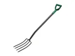 A black garden fork with a green D-handle.
