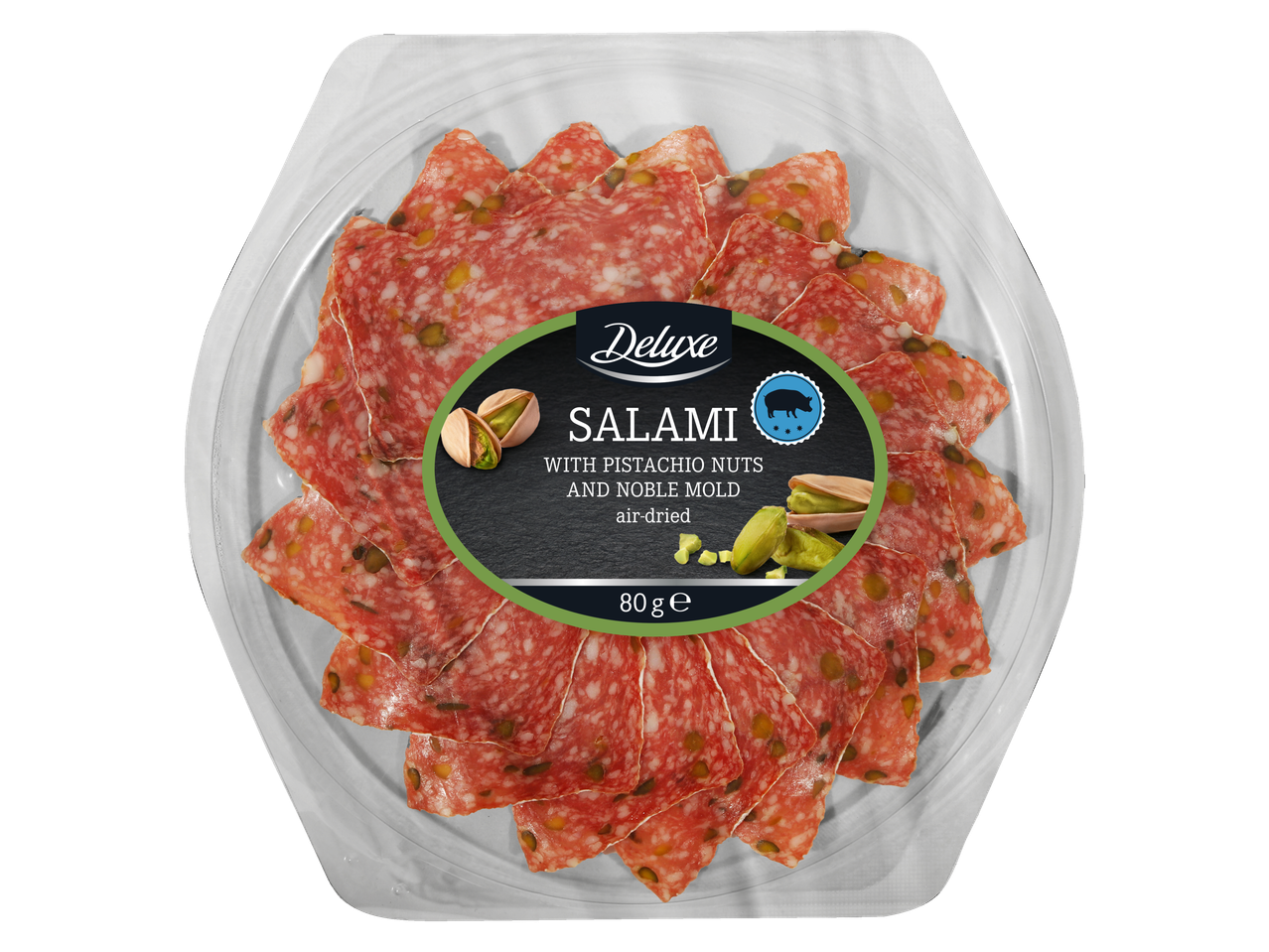 DELUXE salaami pistaatsiapähklite ja väärisseenega, õhu käes kuivatatud, 80g