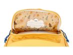 Open yellow backpack with a nature-themed lining and a 'Name' tag.