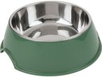 A green pet bowl with a stainless steel insert.