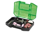 Open green and black case with various rotary tool accessories, including grinding stones, wire brushes, and sanding bands.