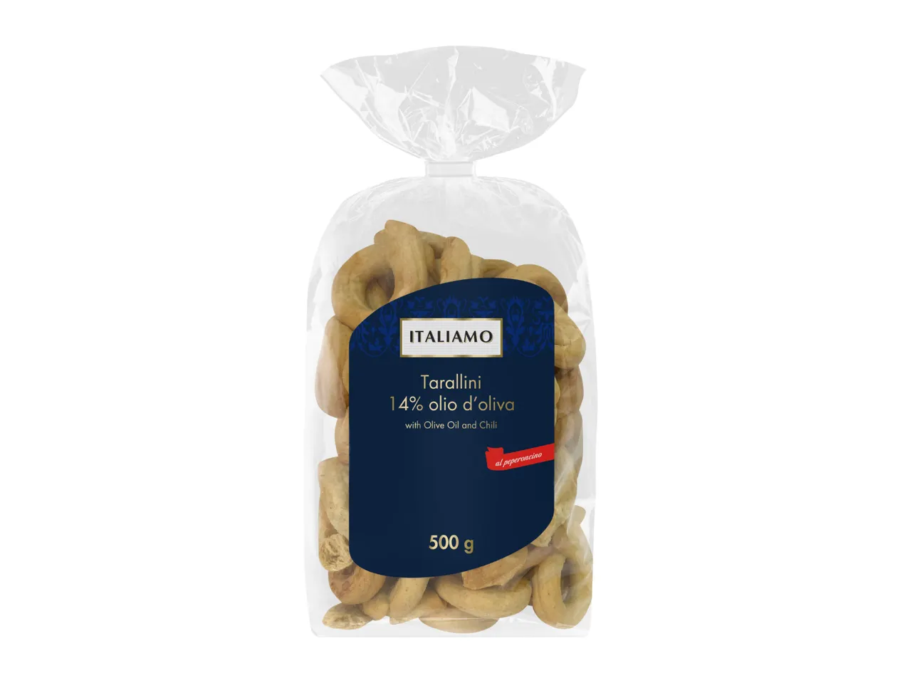 A clear plastic bag of tarallini with olive oil and chili, weighing 500g.