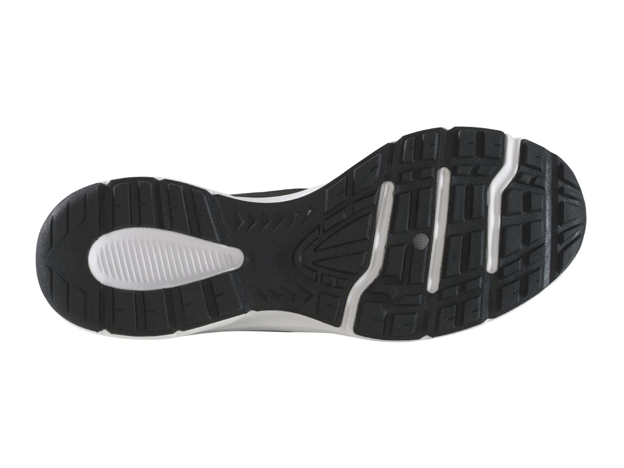 Bottom view of a black and white athletic shoe sole with a textured grip pattern.