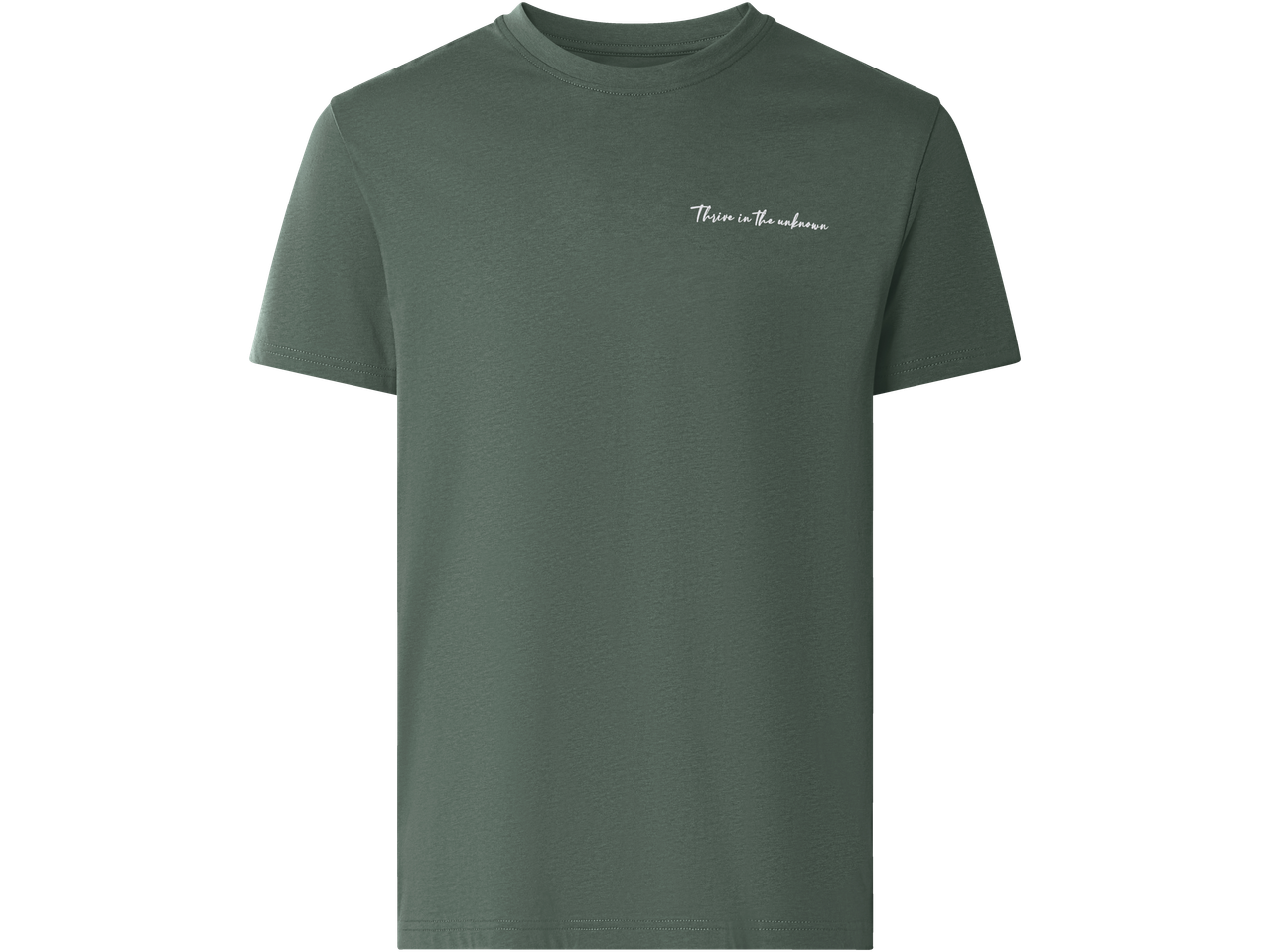 Dark green short-sleeved t-shirt with the text 'Thrive in the unknown' on the chest.